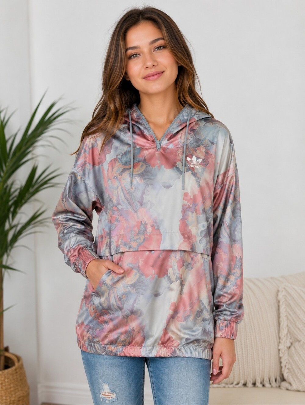 🩷💜💙Adidas Marbled Multicolor Half-Zip Windbreaker